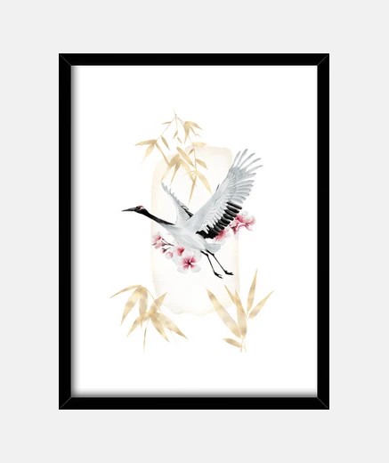 Framed gold bamboo crane and japanese crane