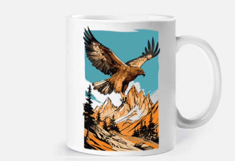 Cup golden mountain eagle observation cup coffee tea croissants herbal infusion