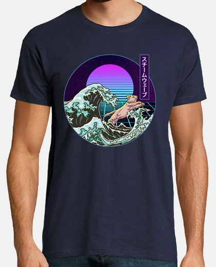 Tee-shirt grand vague kanagawa coucher de soleil vaporwave chat anime manga