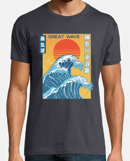 Tee-shirt grand vague kanagawa vaporwave japon grand vague kanji en anglais