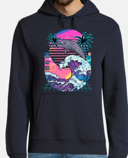 Felpa grande onda kanagawa vaporwave delfino kanji estetica giapponese