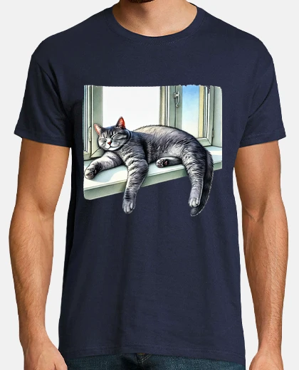 T-shirt gray cat lounging by window
