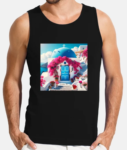 Tee-shirt grec santorin porte bleue fleurs roses