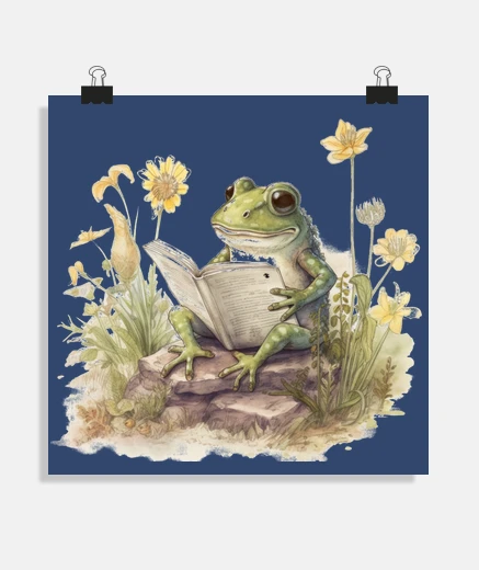 Poster grenouille lectrice lecture livre librairie affiche chambre bébé enfant poster  cottagecore 