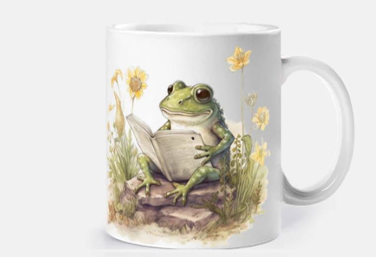 Mug grenouille lectrice lecture livre librairie tasse café thé croissants lait pate à tartiner  cottagec