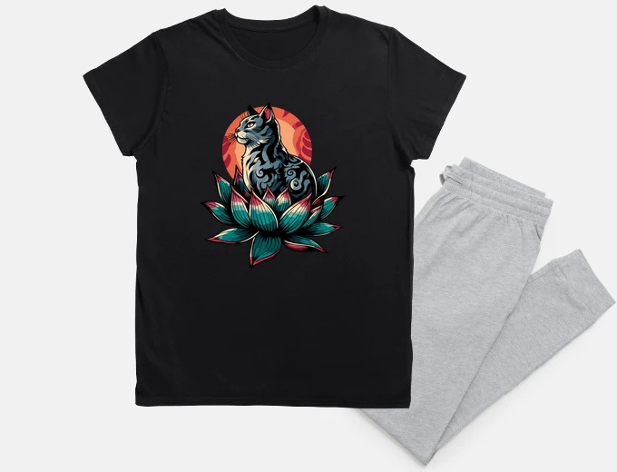 Pyjama Grey cat with tribal tattoo in lotus