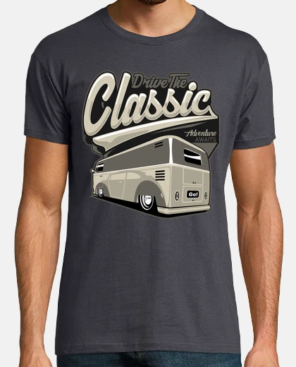 T-shirt guidare il classico autobus camper avventuroso van van in inglese