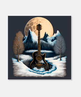 guitar landscape snow mountains moon