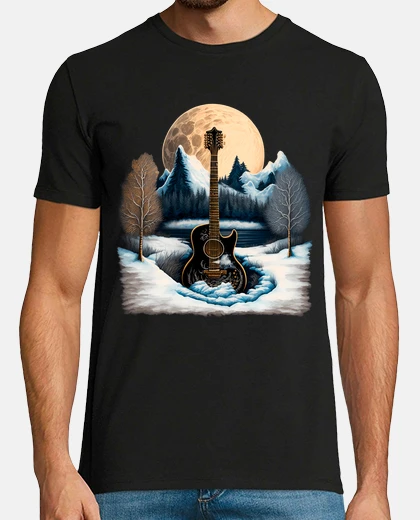 Tee-shirt guitare acoustique musique flamenco nuit pleine lune dans la montagne enneigée