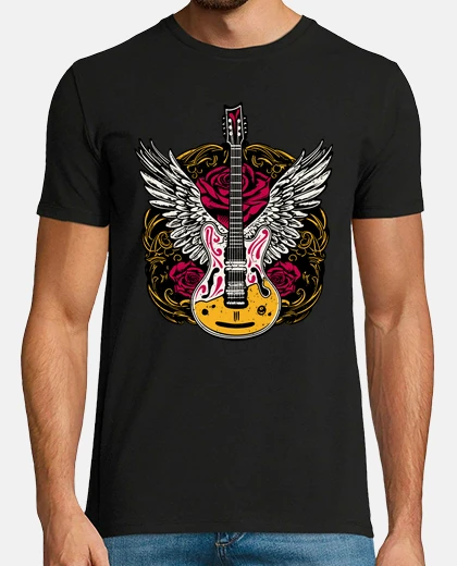 Tee-shirt guitare hard rock ailes et roses rouges