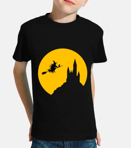 Children's Halloween Party Gift Witch Flying on a Broom and Castle Full Moon Scary Shirt