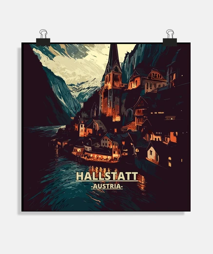 Poster Hallstatt di notte Austria