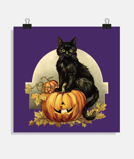 Poster haloween vintage , gatto nero, zucca, poster d&#39;altri tempi, vecchia cartolina, ricette per la fe