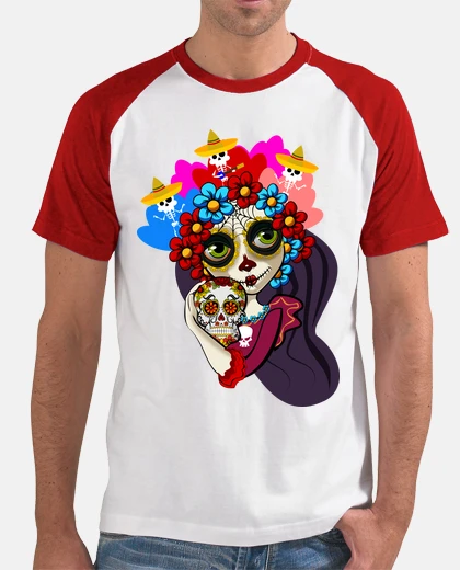 Camiseta Hombre, estilo béisbol, blanca y roja