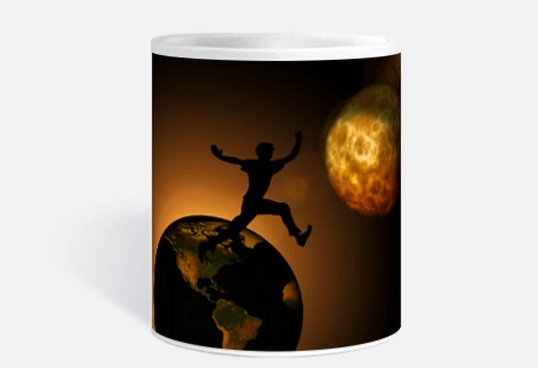 Taza hombre niño saltando sobre la luna taza café té