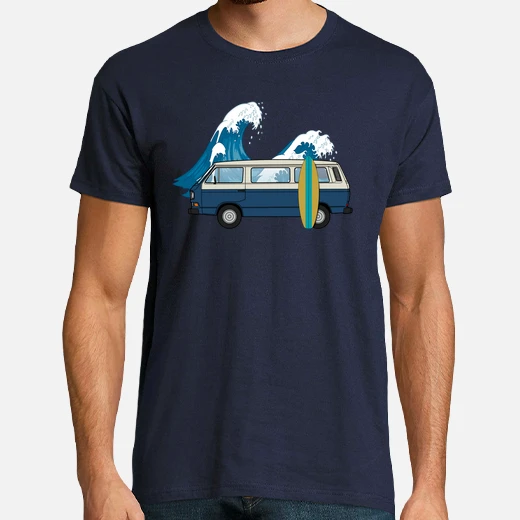 hombre, furgo surf ola azul