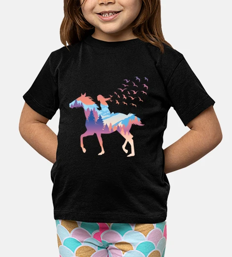 Children's horse and girl forest ride