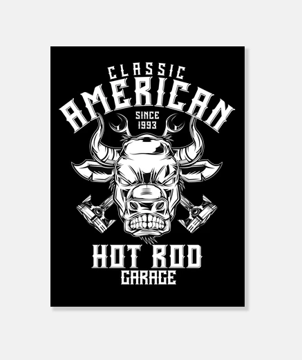 Stampa hotrod garage meccanico bull bulls 1993 american hot rod motor usa tela