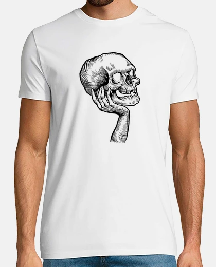 T-shirt human skull sketch drawing on palm of h