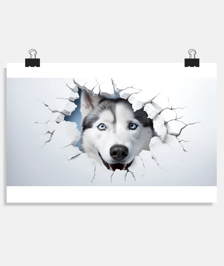 Poster husky che esce da un buco in un poster sul muro