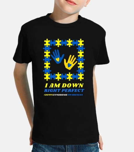 Kids I am Down Right Perfect Blue Yellow Puzzle Handprint Heart World Down Syndrome Awareness 