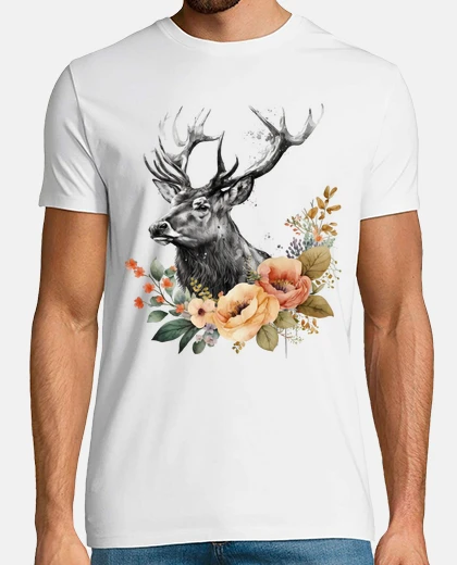 T-shirt i cervi eleganti affascinano i fiori di bellezza selvaggia