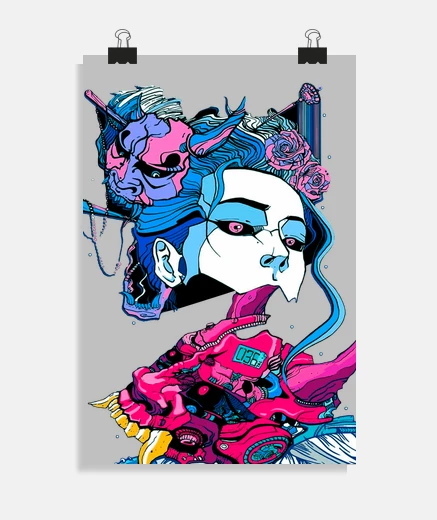 Poster japanese geisha samurai cyberpunk