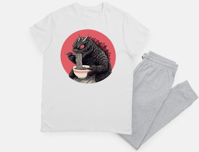 Pyjama Japanese kaiju monster eating ramen