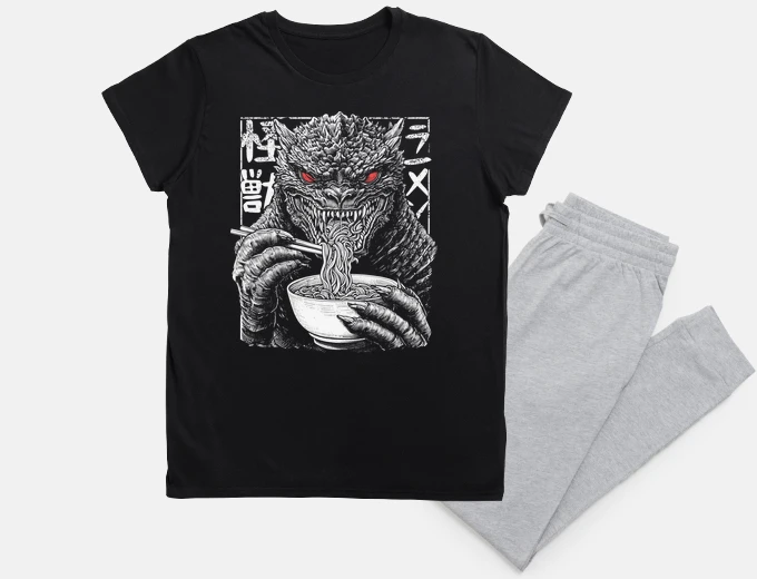 Pyjama Japanese kaiju monster eating ramen