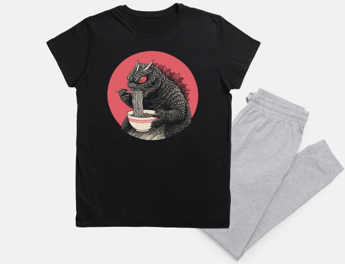 Pyjama Japanese kaiju monster eating ramen