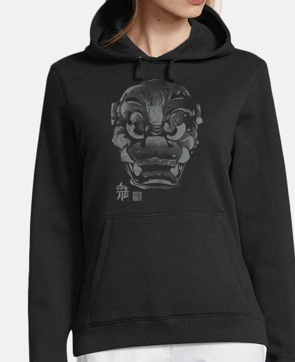 Hoodie japanese mask kanji demon gray
