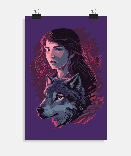 Poster jeune fille avec un loup , anime , manga, affiche passion pour les loups , 