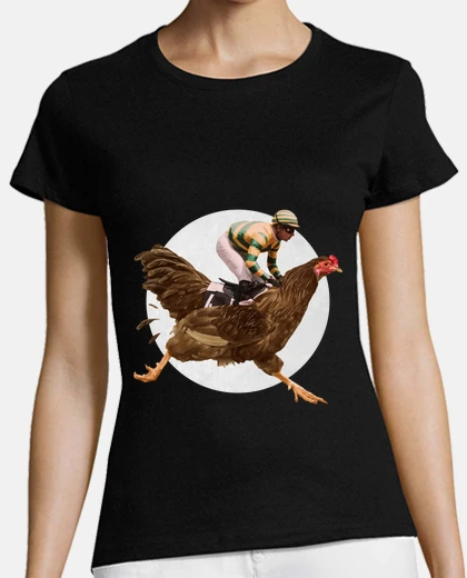 Tee-shirt jockey course hippique sur une poule ,dessin drôle , fiction , 