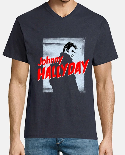 Camiseta Johnny Hallyday. Hombre, manga corta cuello pico cerrado, azul marino