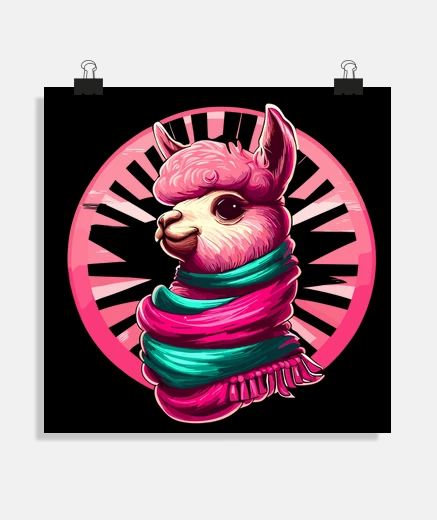 Poster joli lama rose en rebozo mexicain
