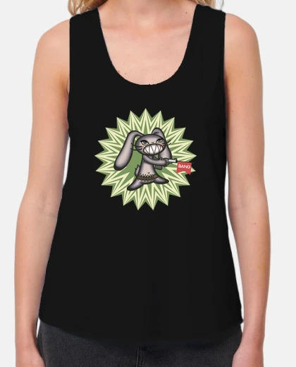 Tee-shirt jolie fille folle lapin avec un pistolet blague - femme, bretelles larges et coupe ample, noir