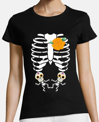 Tee-shirt jour des morts, mère enceinte, jumeaux, crânes en sucre
