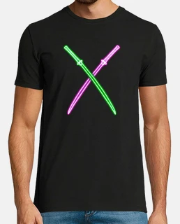 katana de neón púrpura y verde