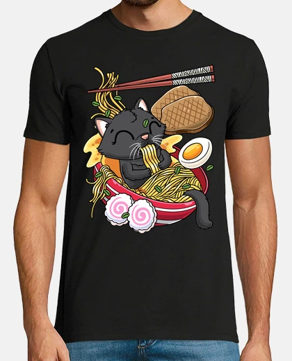 T-shirt kawaii black cat ramen noodles anime