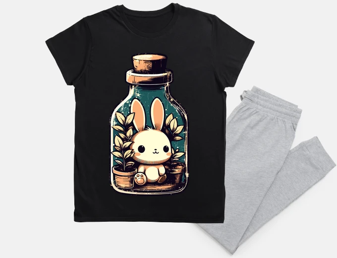 Pajama Kawaii bunny in a bottle plant garden