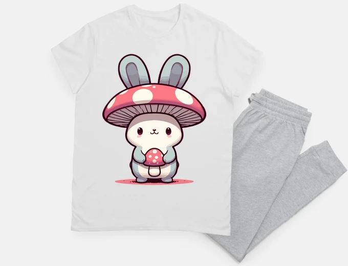 Pajama Kawaii Bunny Rabbit in Mushroom Hat