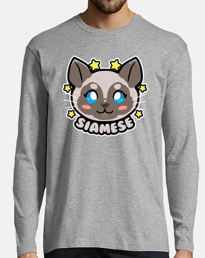 T-shirt kawaii chibi siamese cat face - mens manica lunga