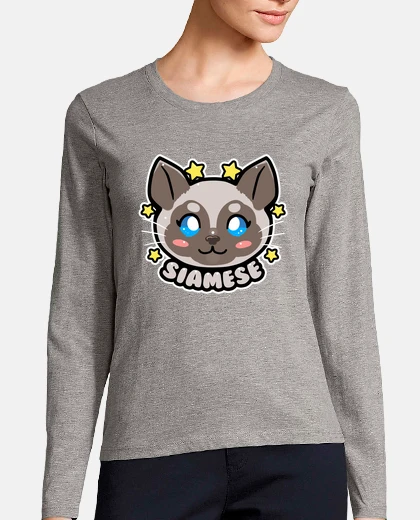 Tee-shirt kawaii chibi visage de chat siamois - manche longue femme
