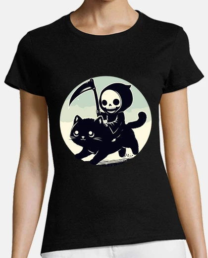 Playera kawaii grim reaper riding on black cat