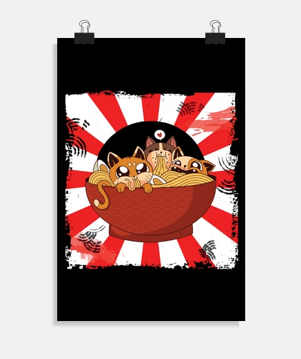Poster kawaii kittens in japanese ramen bowl