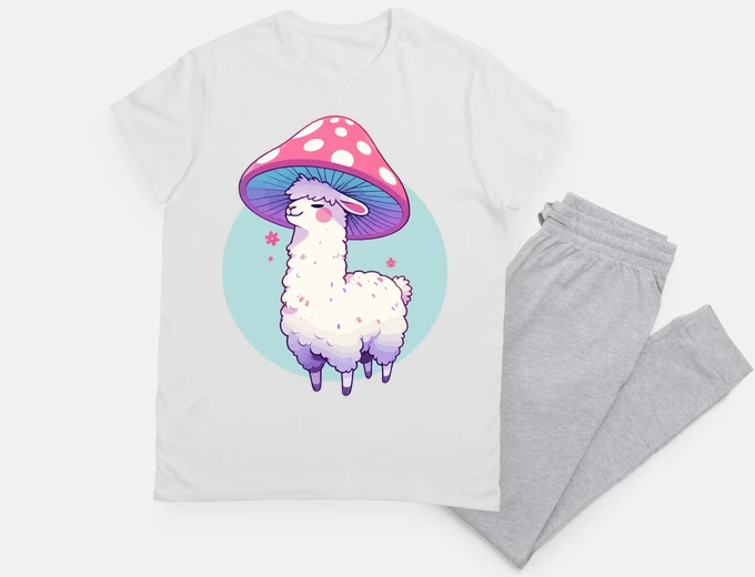 Pyjama Kawaii smiling llama in Mushroom Hat
