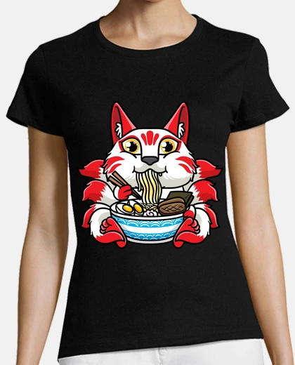Tee-shirt kitsune manger des nouilles ramen anime