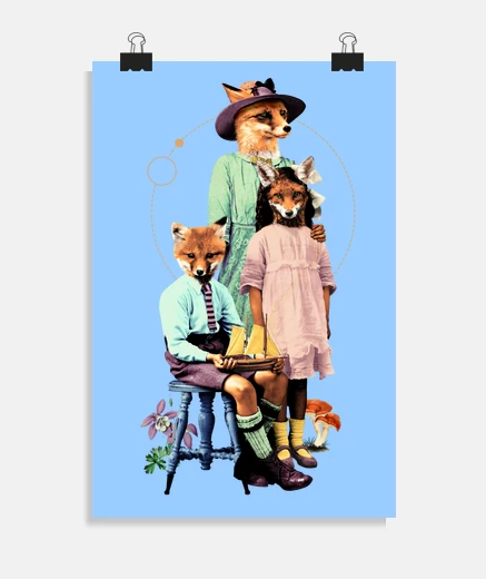 Poster la famiglia volpe, la madre, suo figlio, figlia, decorazione, home staging, barocco, raro.