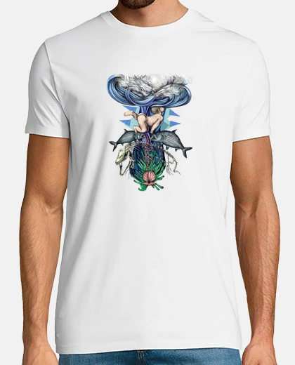 T-shirt la nascita, il bambino, pesce e scheletro