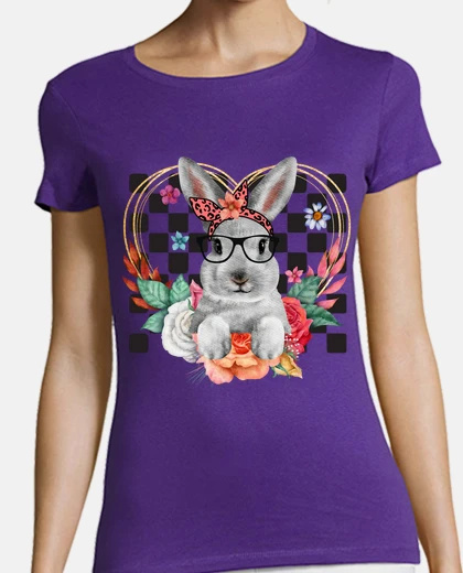 Tee-shirt lapin avec lunettes noires mode fleurs coeur amoureux amour 